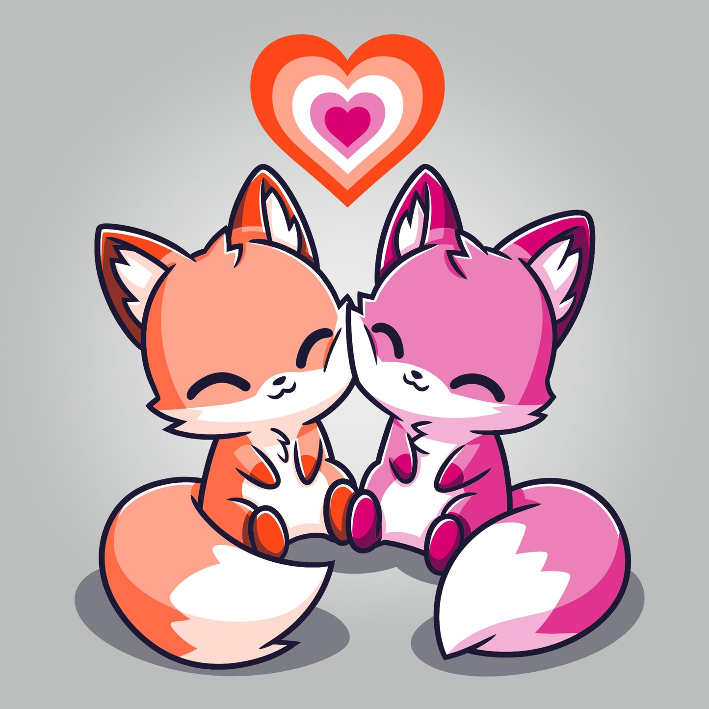 Premium Cotton T-shirt_TeeTurtle Love Out Loud silver gray t-shirt featuring one orange fox and one pink fox smiling and pressing their cheeks together with a pride flag heart above them.