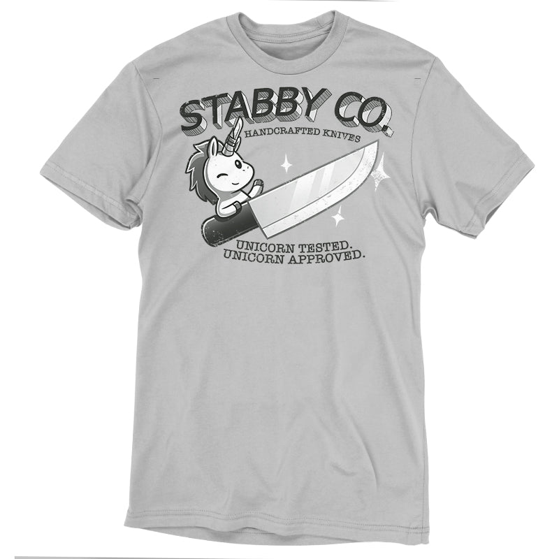 Premium Cotton T-shirt_TeeTurtle Stabby Co. Handcrafted Knives silver gray t-shirt featuring a logo of "Stabby Co." A unicorn is holding a large knife, with the text "Handcrafted Knives - Unicorn Tested. Unicorn Approved."