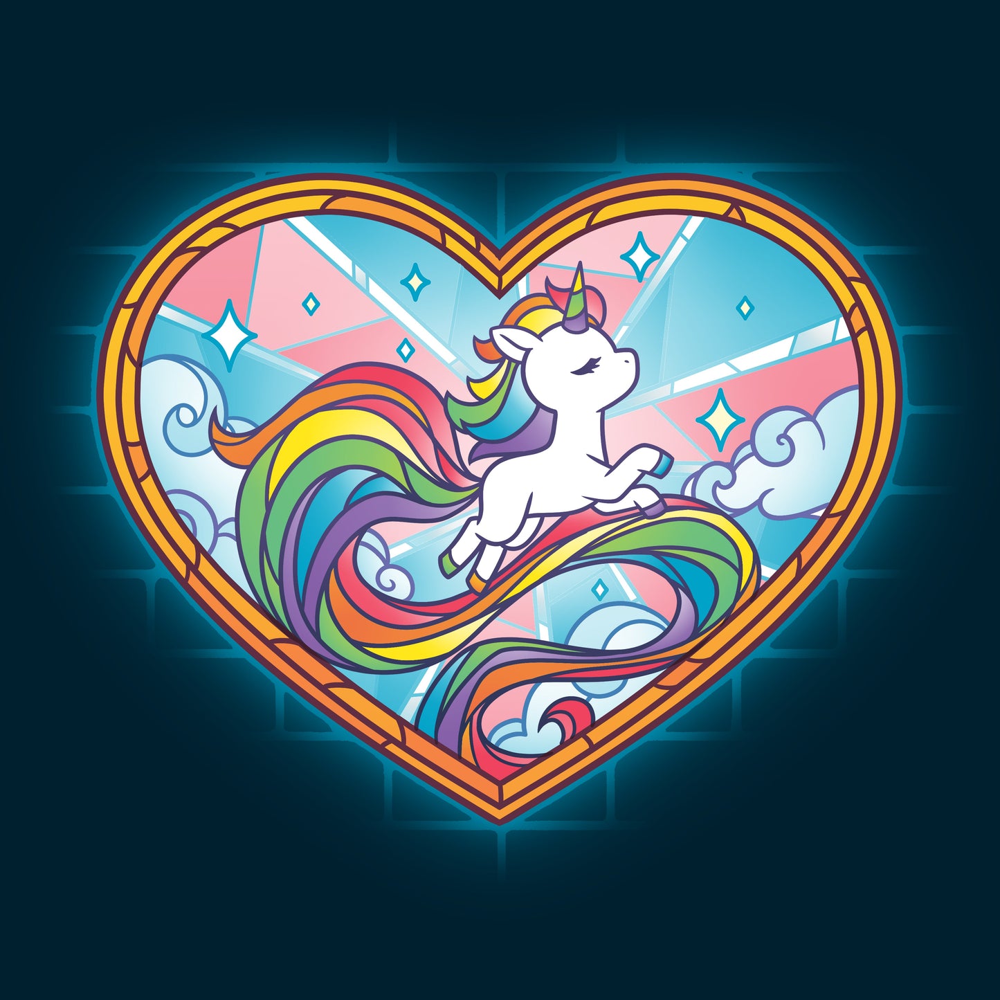 Premium Cotton T-shirt_TeeTurtle Stained Glass Unicorn navy blue t-shirt featuring an artistic pride unicorn with a long rainbow tail in a stained glass style heart with clouds and sparkles.