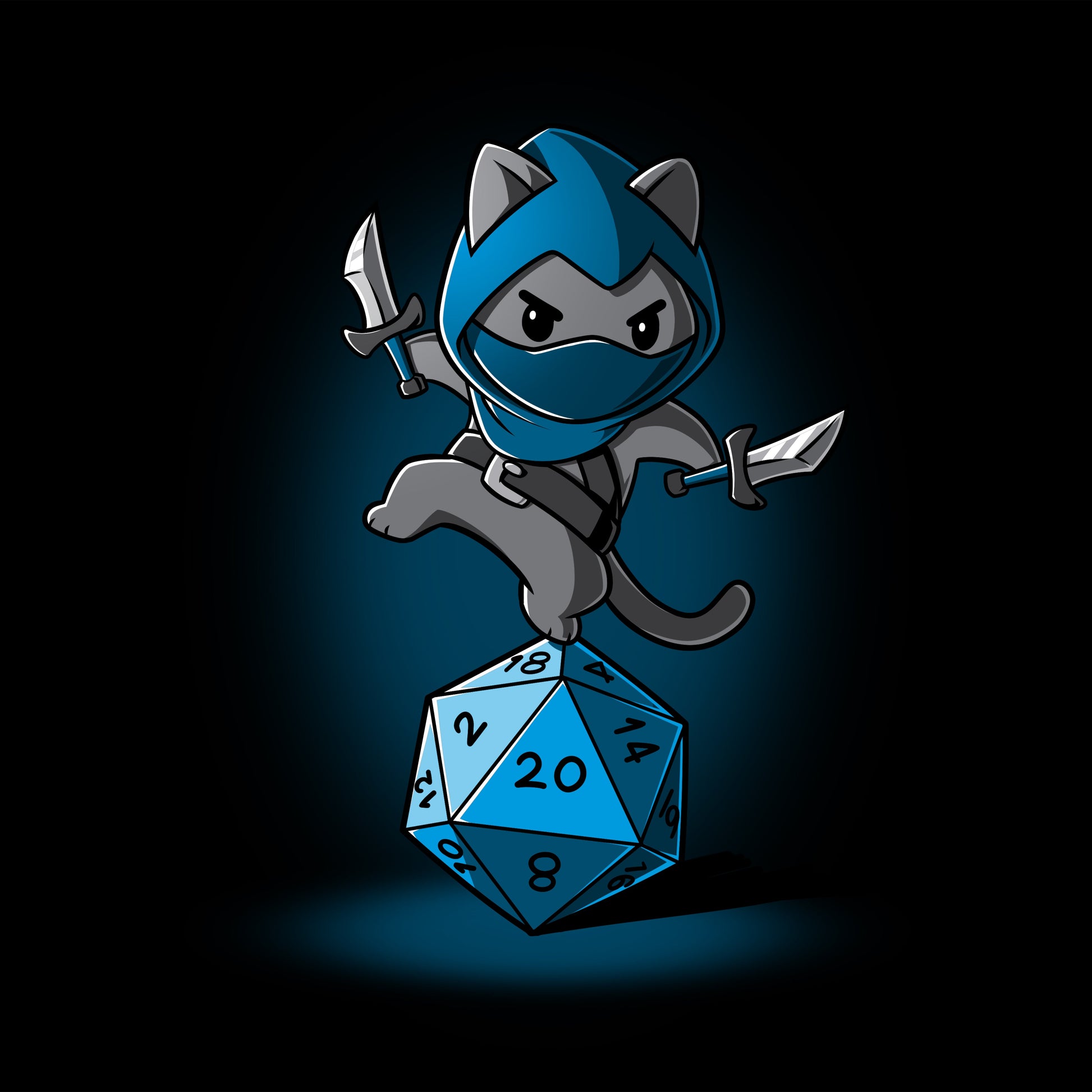 Premium Cotton T-shirt_TeeTurtle Stealth Check black t-shirt featuring a ninja cat holding two daggers, balancing on a large blue 20-sided die.