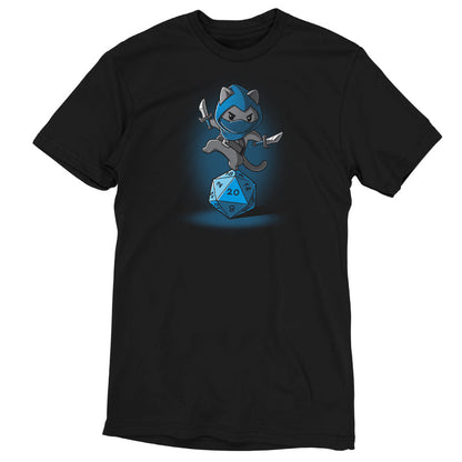 Premium Cotton T-shirt_TeeTurtle Stealth Check black t-shirt featuring a ninja cat holding two daggers, balancing on a large blue 20-sided die.