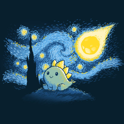 Premium Cotton T-shirt_TeeTurtle Stego Night navy blue t-shirt featuring an illustration of a cute dinosaur with stegosaurus-like plates, set against a "Starry Night"-inspired background.