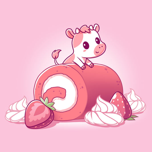 Premium Cotton T-shirt_TeeTurtle light pink Strawberry Roll Cow t-shirt featuring a pink cow perched on a strawberry roll.