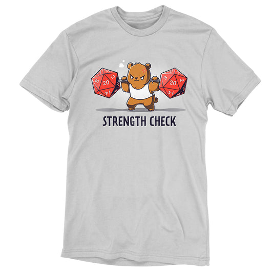 Premium Cotton T-shirt_TeeTurtle Strength Check silver gray t-shirt featuring a determined brown bear in a sleeveless workout shirt who lifts two large red 20-sided dice on a bar while straining, with 