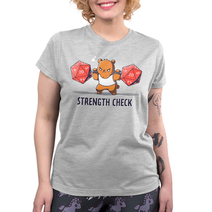 Premium Cotton T-shirt_TeeTurtle Strength Check silver gray t-shirt featuring a determined brown bear in a sleeveless workout shirt who lifts two large red 20-sided dice on a bar while straining, with "Strength Check" written below.