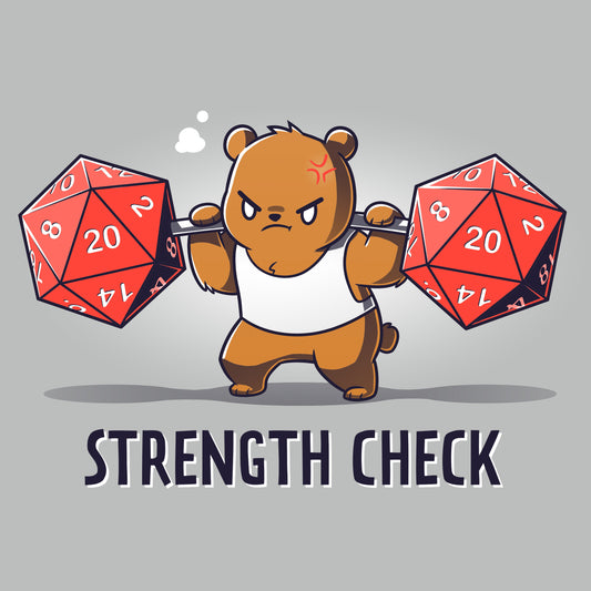 Premium Cotton T-shirt_TeeTurtle Strength Check silver gray t-shirt featuring a determined brown bear in a sleeveless workout shirt who lifts two large red 20-sided dice on a bar while straining, with 