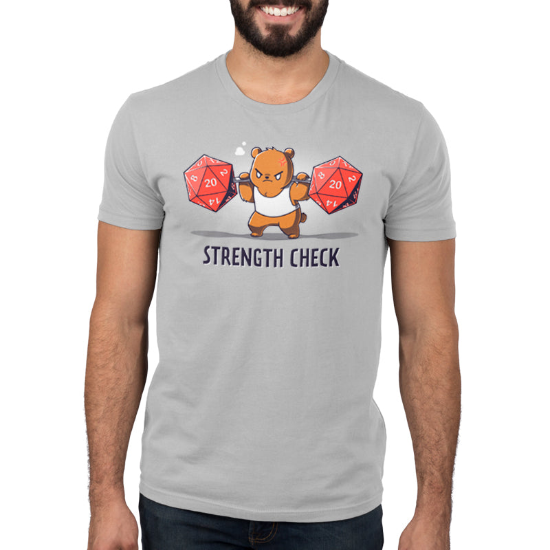 Premium Cotton T-shirt_TeeTurtle Strength Check silver gray t-shirt featuring a determined brown bear in a sleeveless workout shirt who lifts two large red 20-sided dice on a bar while straining, with "Strength Check" written below.