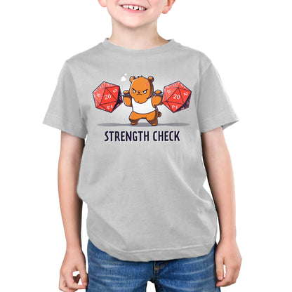 Premium Cotton T-shirt_TeeTurtle Strength Check silver gray t-shirt featuring a determined brown bear in a sleeveless workout shirt who lifts two large red 20-sided dice on a bar while straining, with "Strength Check" written below.