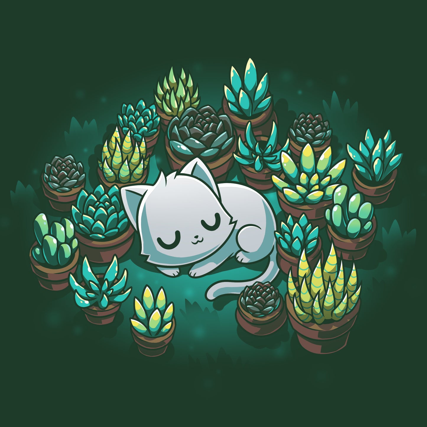 Premium Cotton T-shirt_TeeTurtle Succulent Garden Forrest Green t-shirt featuring an illustration of a white cat sleeping, surrounded by various green and yellow succulent plants in pots, set against a dark green background. 