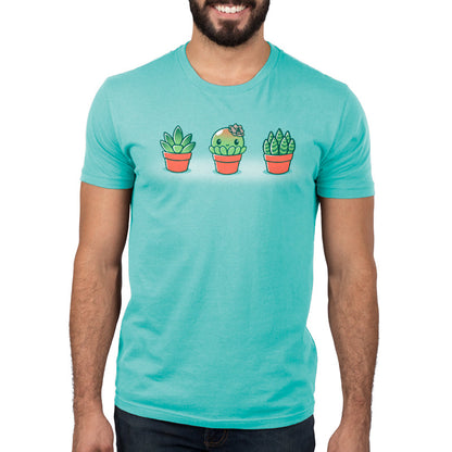 Premium Cotton T-shirt_TeeTurtle Succulent Surprise Caribbean Blue t-shirt featuring a round kawaii & sweet succulent with a flower bow in the middle of two other succulents. 