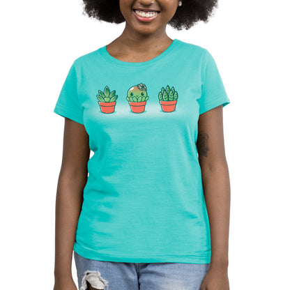 Premium Cotton T-shirt_TeeTurtle Succulent Surprise Caribbean Blue t-shirt featuring a round kawaii & sweet succulent with a flower bow in the middle of two other succulents. 