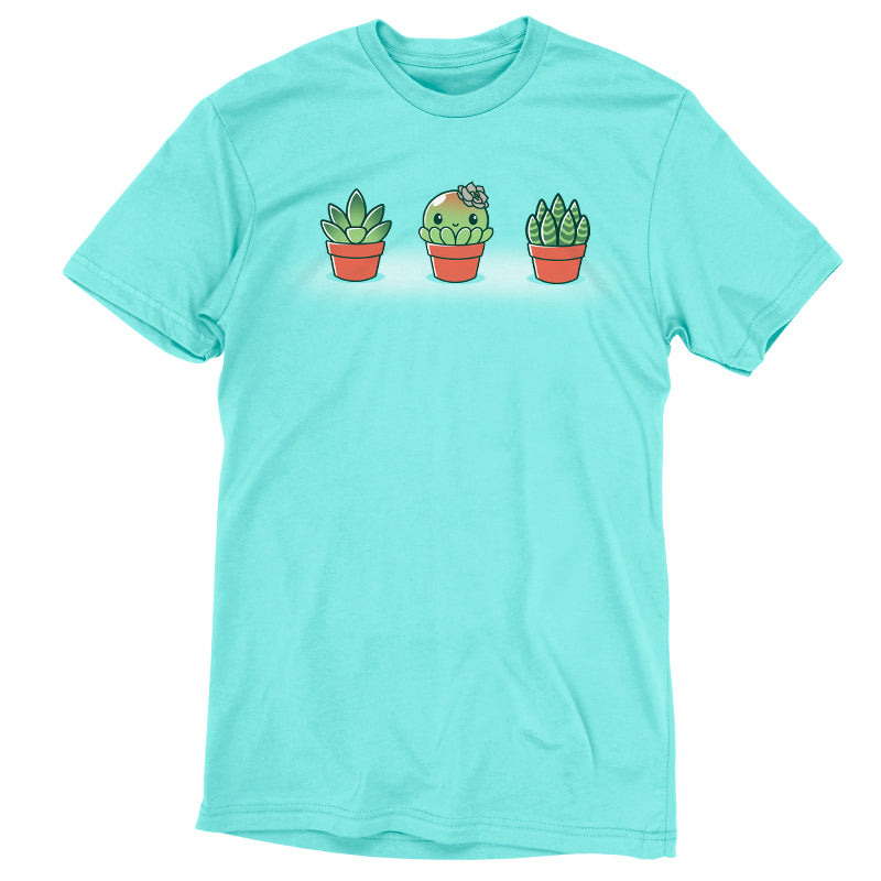 Premium Cotton T-shirt_TeeTurtle Succulent Surprise Caribbean Blue t-shirt featuring a round kawaii & sweet succulent with a flower bow in the middle of two other succulents. 