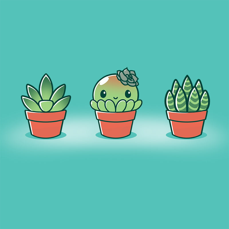 Premium Cotton T-shirt_TeeTurtle Succulent Surprise Caribbean Blue t-shirt featuring a round kawaii & sweet succulent with a flower bow in the middle of two other succulents. 