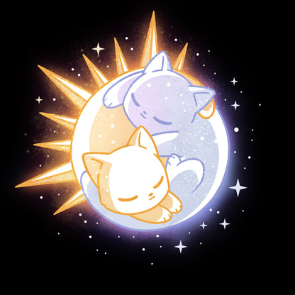 Premium Cotton T-shirt_TeeTurtle black Sun & Moon Kitties apparel featuring a sun cat and moon cat sleeping together in a yin-yang formation.