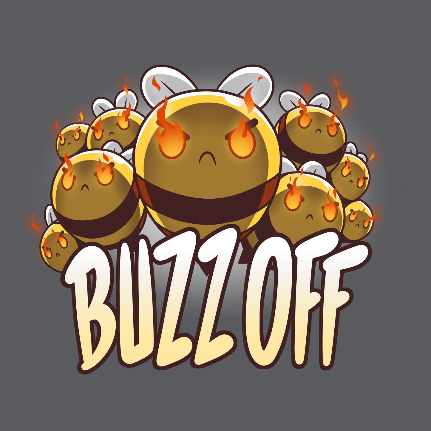 Premium Cotton T-shirt_TeeTurtle Swarm of Fury charcoal gray t-shirt featuring a group of angry bees with flames in their eyes, accompanied by the text "BUZZ OFF" written underneath. 