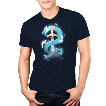 Premium Cotton T-shirt_TeeTurtle Sword Dragon navy blue t-shirt featuring a sword in a cracked rock, with a dragon coiling around it.