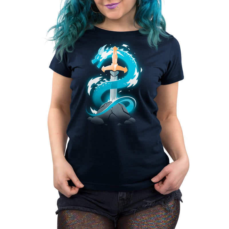 Premium Cotton T-shirt_TeeTurtle Sword Dragon navy blue t-shirt featuring a sword in a cracked rock, with a dragon coiling around it.