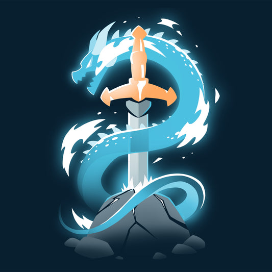 Premium Cotton T-shirt_TeeTurtle Sword Dragon navy blue t-shirt featuring a sword in a cracked rock, with a dragon coiling around it.