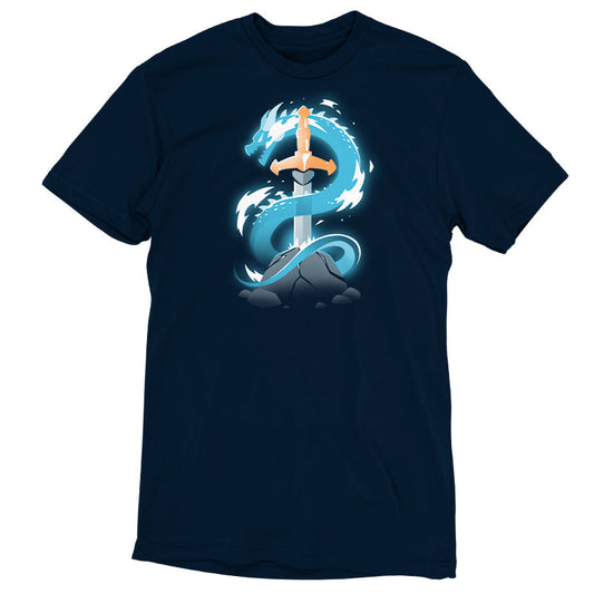 Premium Cotton T-shirt_TeeTurtle Sword Dragon navy blue t-shirt featuring a sword in a cracked rock, with a dragon coiling around it.