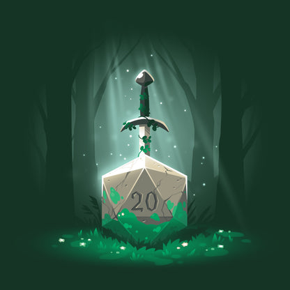 Premium Cotton T-shirt_TeeTurtle Sword in the D20 forest green t-shirt featuring a sword entwined with vines is embedded in a large stone marked with the number "20" in the middle of a dark, misty forest.