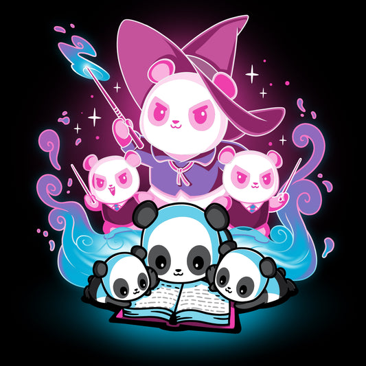 Premium Cotton T-shirt_Teeturtle Tales of Magic black t-shirt featuring a large panda wizard casting a spell, accompanied by three smaller wizard pandas, all surrounding an open book with blue, glowing pages.