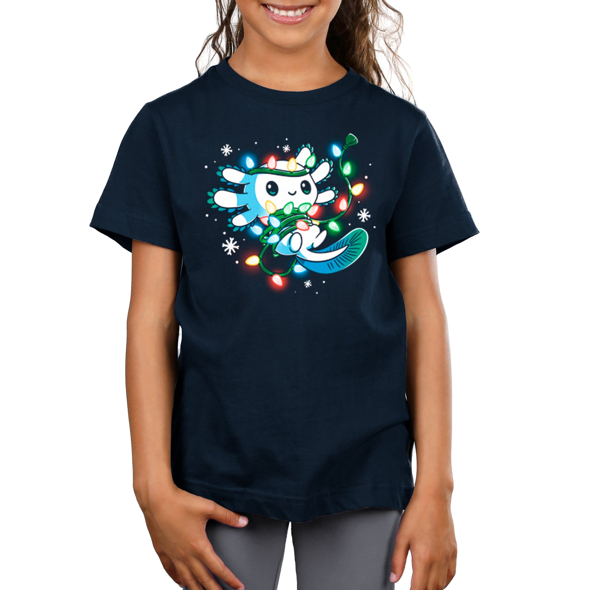 Premium Cotton T-shirt_TeeTurtle navy blue Tangled Up Axolotl. Featuring a white axolotl tangled up in a string of holiday lights.