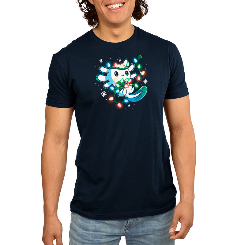 Premium Cotton T-shirt_TeeTurtle navy blue Tangled Up Axolotl. Featuring a white axolotl tangled up in a string of holiday lights.