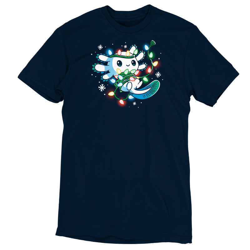 Premium Cotton T-shirt_TeeTurtle navy blue Tangled Up Axolotl. Featuring a white axolotl tangled up in a string of holiday lights.