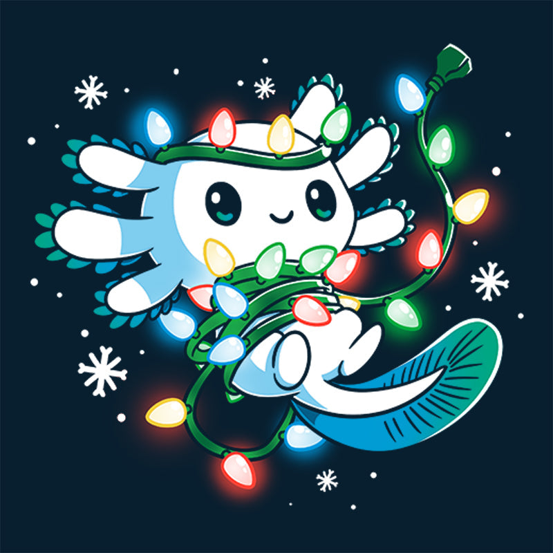 Premium Cotton T-shirt_TeeTurtle navy blue Tangled Up Axolotl. Featuring a white axolotl tangled up in a string of holiday lights.