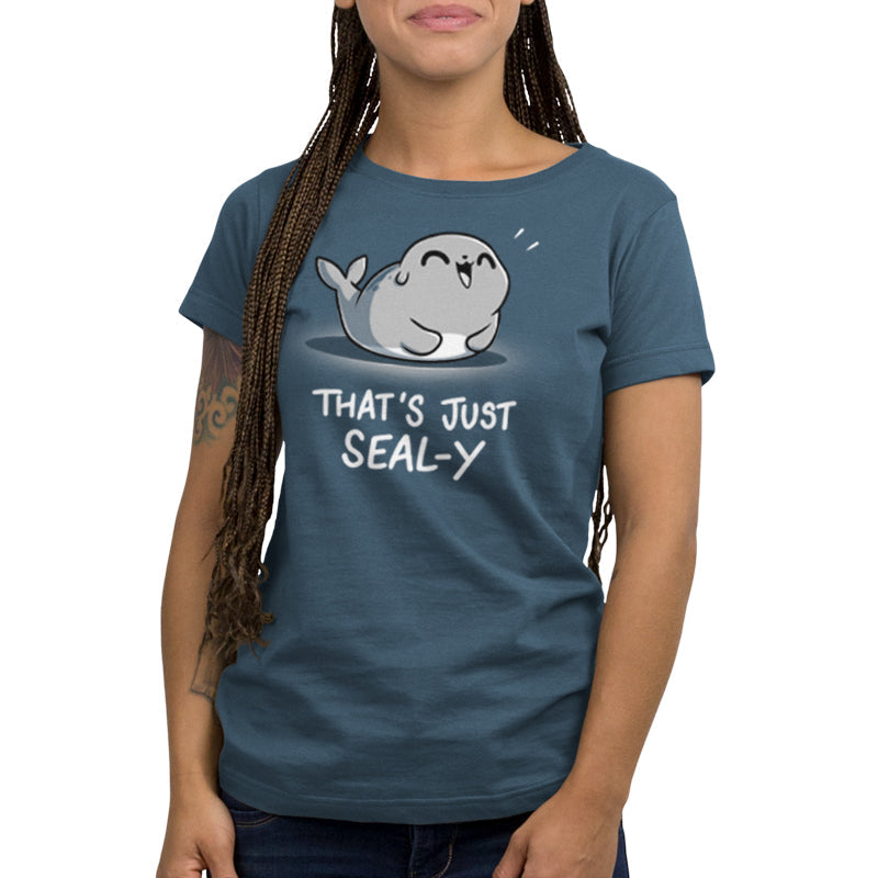 Premium Cotton T-shirt_TeeTurtle That's Just Seal-y denim blue t-shirt featuring a seal with a happy expression and text below reading, "that's just seal-y,"