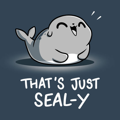 Premium Cotton T-shirt_TeeTurtle That's Just Seal-y denim blue t-shirt featuring a seal with a happy expression and text below reading, "that's just seal-y,"