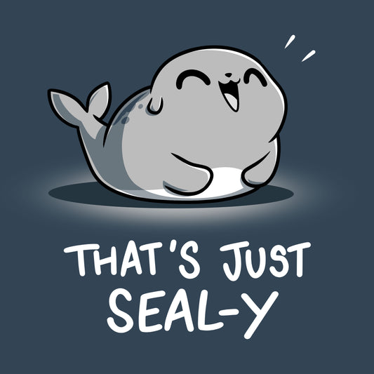 Premium Cotton T-shirt_TeeTurtle That's Just Seal-y denim blue t-shirt featuring a seal with a happy expression and text below reading, 