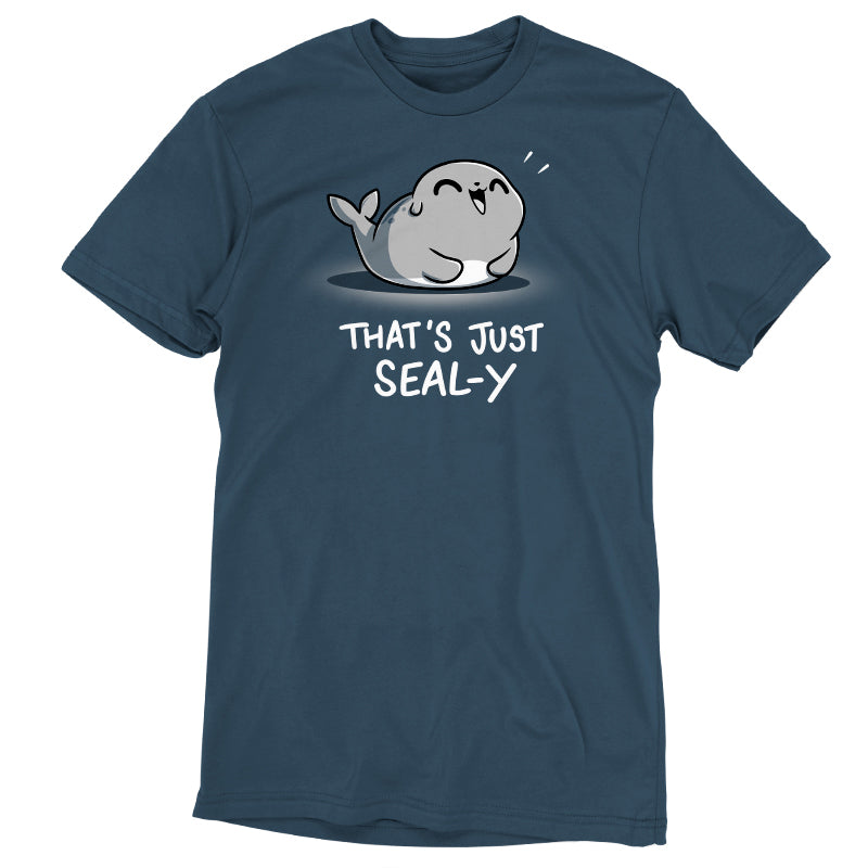 Premium Cotton T-shirt_TeeTurtle That's Just Seal-y denim blue t-shirt featuring a seal with a happy expression and text below reading, "that's just seal-y,"