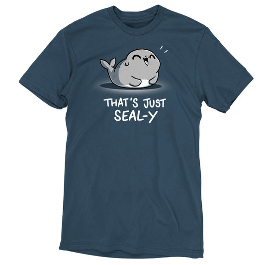 Premium Cotton T-shirt_TeeTurtle That's Just Seal-y denim blue t-shirt featuring a seal with a happy expression and text below reading, 