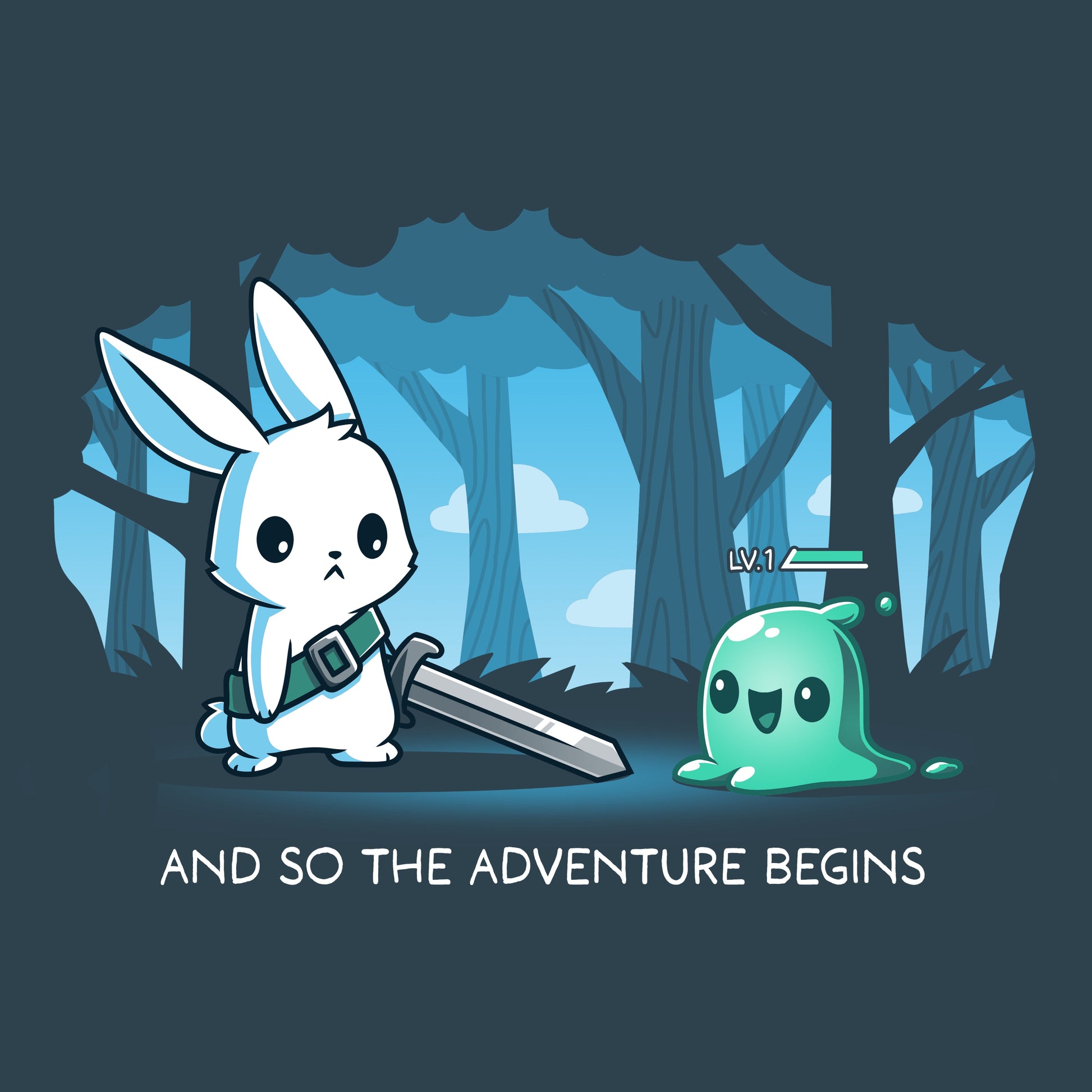 Premium Cotton T-shirt_TeeTurtle The Adventure Begins denim t-shirt featuring a cartoon rabbit brandishing a sword facing a small green slime creature labeled 'LV.1' in a forest. The text below reads, "AND SO THE ADVENTURE BEGINS." 