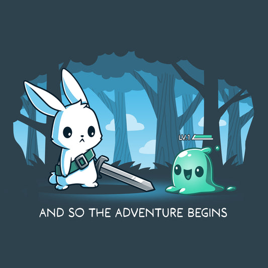 Premium Cotton T-shirt_TeeTurtle The Adventure Begins denim t-shirt featuring a cartoon rabbit brandishing a sword facing a small green slime creature labeled 'LV.1' in a forest. The text below reads, 