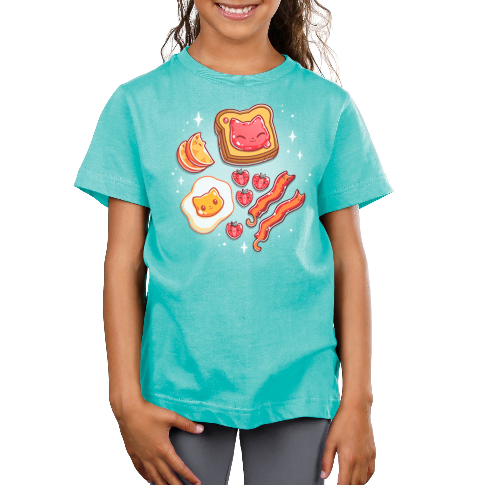 Premium Cotton T-shirt_Teeturtle The Purrfect Breakfast Caribbean blue t-shirt featuring cute cat faces on popular breakfast items, including a piece of toast, an egg, strawberries, and bacon, all on a teal background with sparkles.