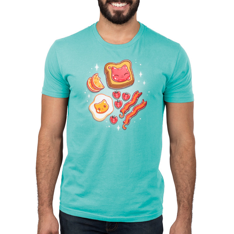 Premium Cotton T-shirt_Teeturtle The Purrfect Breakfast Caribbean blue t-shirt featuring cute cat faces on popular breakfast items, including a piece of toast, an egg, strawberries, and bacon, all on a teal background with sparkles.