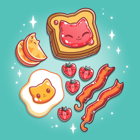 Premium Cotton T-shirt_Teeturtle The Purrfect Breakfast Caribbean blue t-shirt featuring cute cat faces on popular breakfast items, including a piece of toast, an egg, strawberries, and bacon, all on a teal background with sparkles.