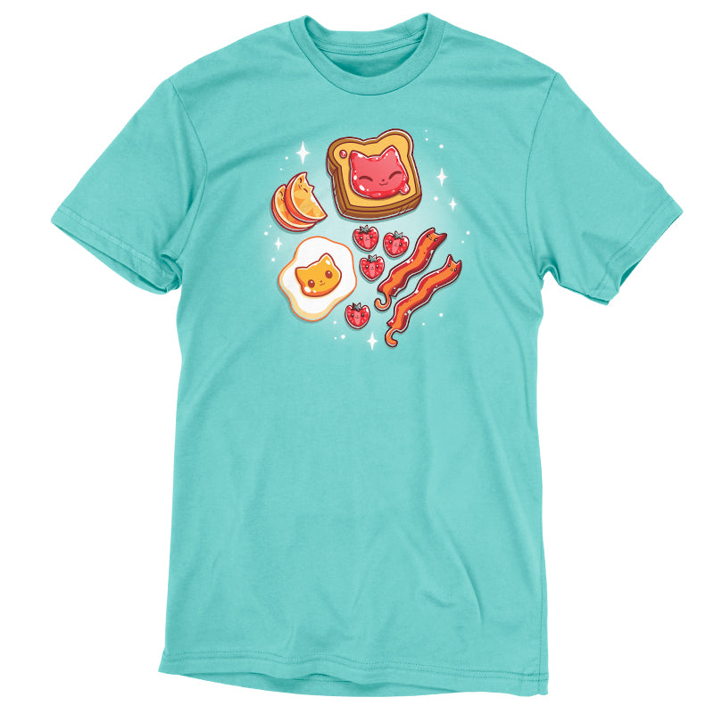 Premium Cotton T-shirt_Teeturtle The Purrfect Breakfast Caribbean blue t-shirt featuring cute cat faces on popular breakfast items, including a piece of toast, an egg, strawberries, and bacon, all on a teal background with sparkles.