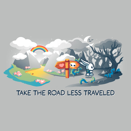 Premium Cotton T-shirt_TeeTurtle The Road Less Traveled silver gray t-shirt featuring an illustration of a rabbit at a crossroads, one path leading to a vibrant, colorful landscape under a rainbow, and the other to a dark forest; text below reads 