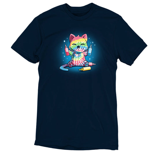 Premium Cotton T-shirt_TeeTurtle navy blue Tie-Dye Cat. Featuring a cat that's dyed itself in a tie-dye pattern.