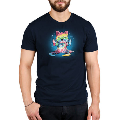 Premium Cotton T-shirt_TeeTurtle navy blue Tie-Dye Cat. Featuring a cat that's dyed itself in a tie-dye pattern.