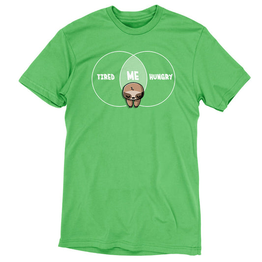 Premium Cotton T-shirt_Teeturtle Tired and Hungry Always apple green t-shirt featuring a cartoon sloth in the middle of a double circle graph with 'Tired' on one side, 'Hungry' on the other and 'Me' in the middle.