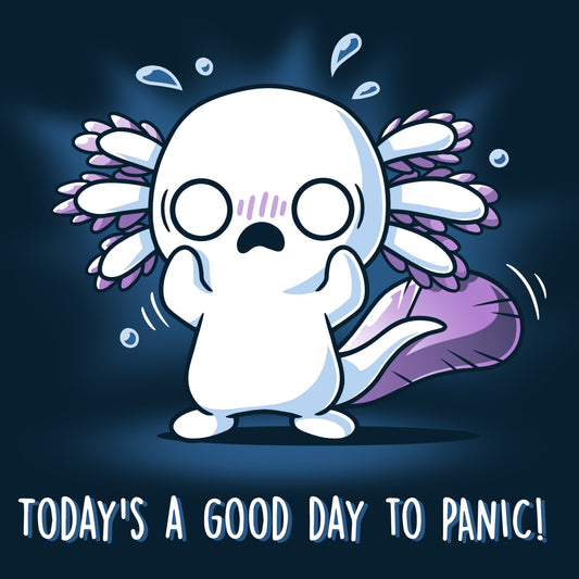 Premium Cotton T-shirt_TeeTurtle Today's a Good Day to Panic! navy blue shirt featuring an anxious axolotl with a panicked expression, standing with its hands up and sweating.