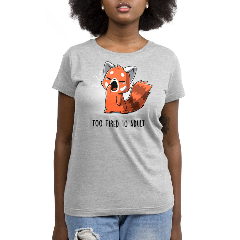 Premium Cotton T-shirt_TeeTurtle Too Tired To Adult silver gray t-shirt featuring a red panda yawning.