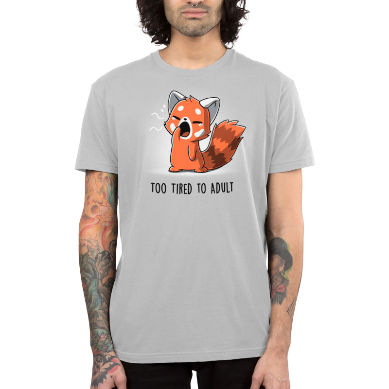 Premium Cotton T-shirt_TeeTurtle Too Tired To Adult silver gray t-shirt featuring a red panda yawning.