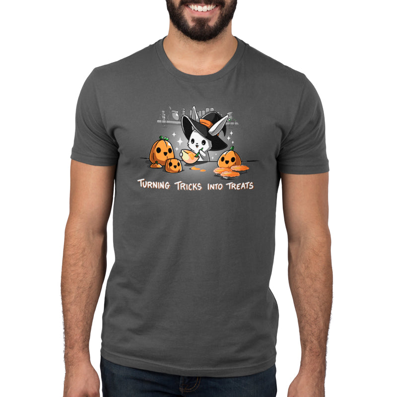 Premium Cotton T-shirt_TeeTurtle Turning Tricks Into Treats charcoal gray t-shirt featuring a cheerful bunny baking while wearing a witch's hat and surrounded by carved pumpkins and pumpkin pies.