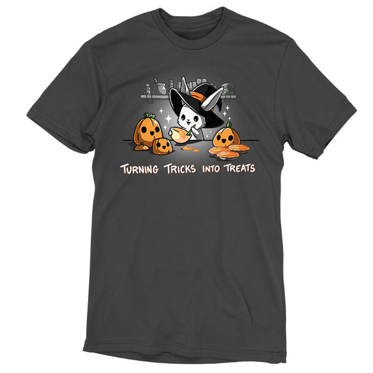 Premium Cotton T-shirt_TeeTurtle Turning Tricks Into Treats charcoal gray t-shirt featuring a cheerful bunny baking while wearing a witch's hat and surrounded by carved pumpkins and pumpkin pies.