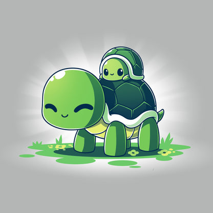 Premium Cotton T-shirt_TeeTurtle Turtleback Ride silver gray t-shirt featuring two smiling green turtles on top of grass and yellow flowers. The smaller turtle is on top of the larger turtle's shell. 